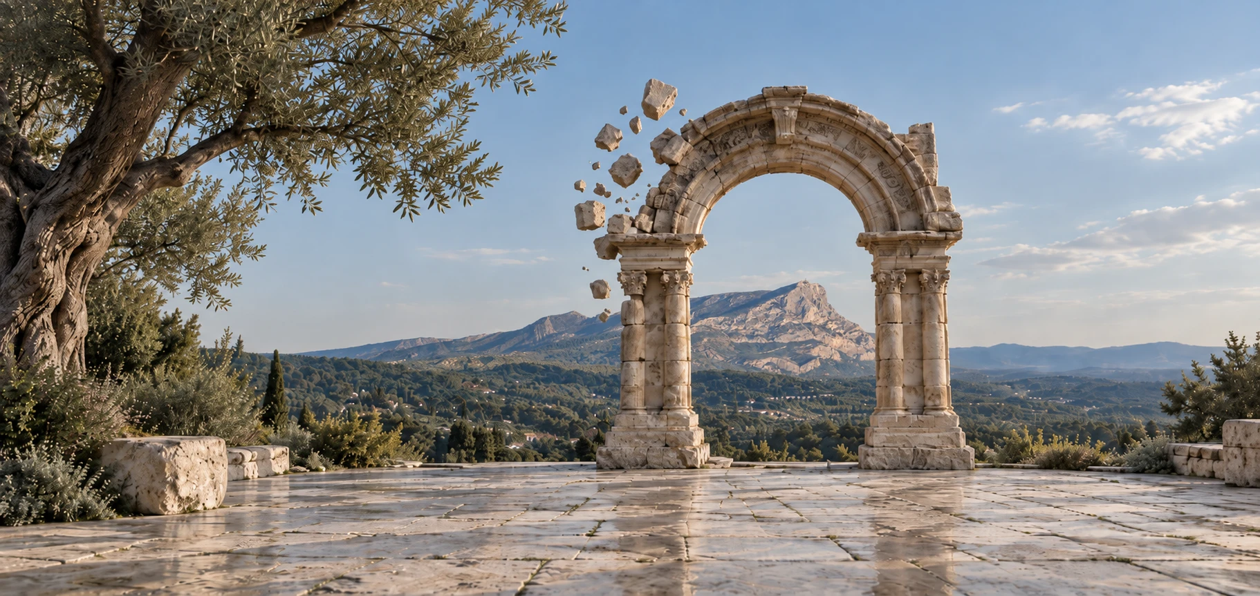 Arche de pierre en ruine sur une terrasse dallée, face à la montagne Sainte-Victoire (illustration d'ambiance)
