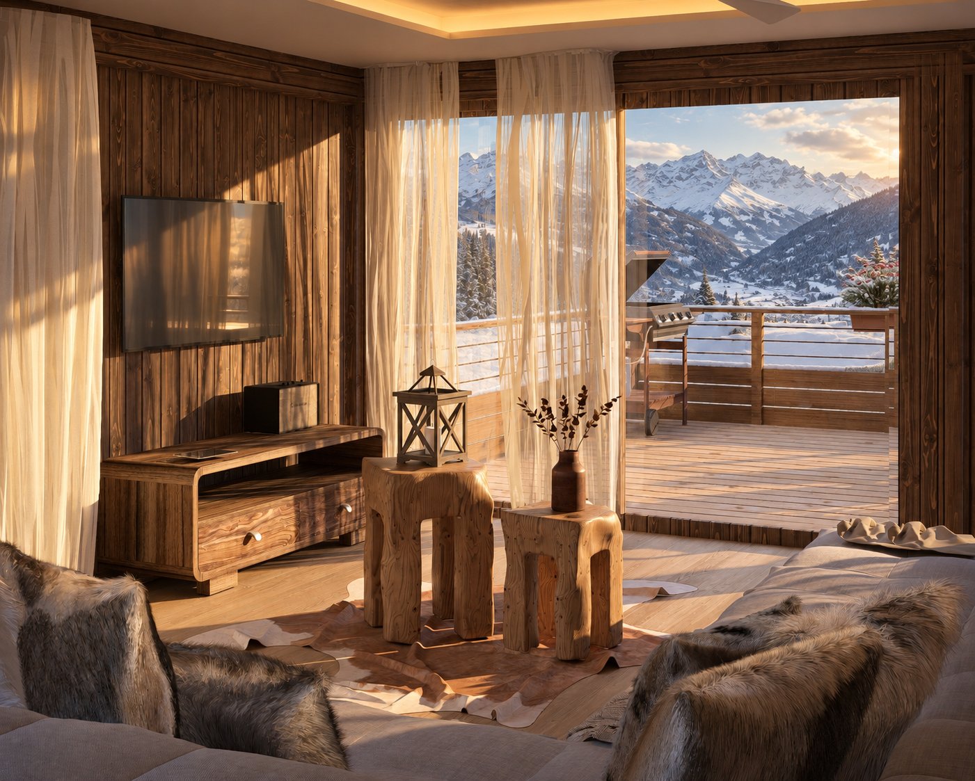 Séjour de chalet en bois ouvert sur une terrasse face aux sommets enneigés
