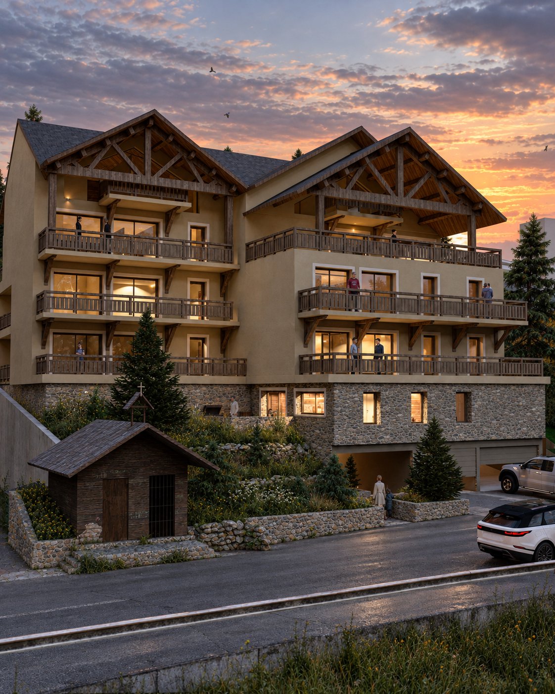 Résidence-chalet en pierre et bois au crépuscule, balcons éclairés