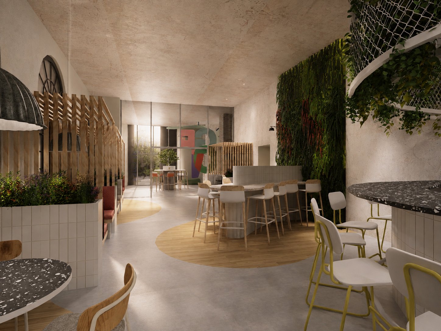 Espace d'accueil chaleureux avec mur végétal et comptoir