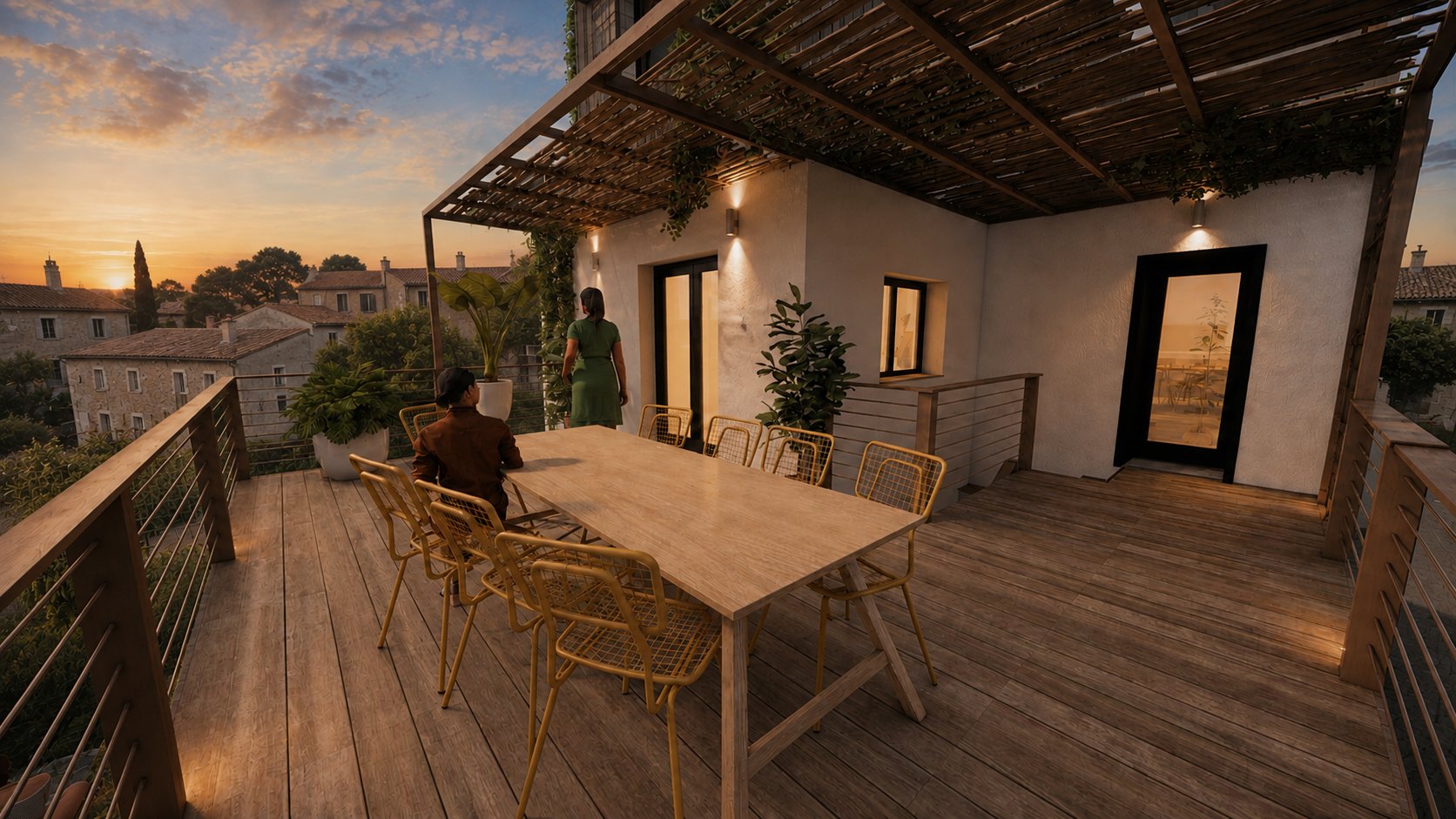 Terrasse couverte d'une pergola bioclimatique en bois