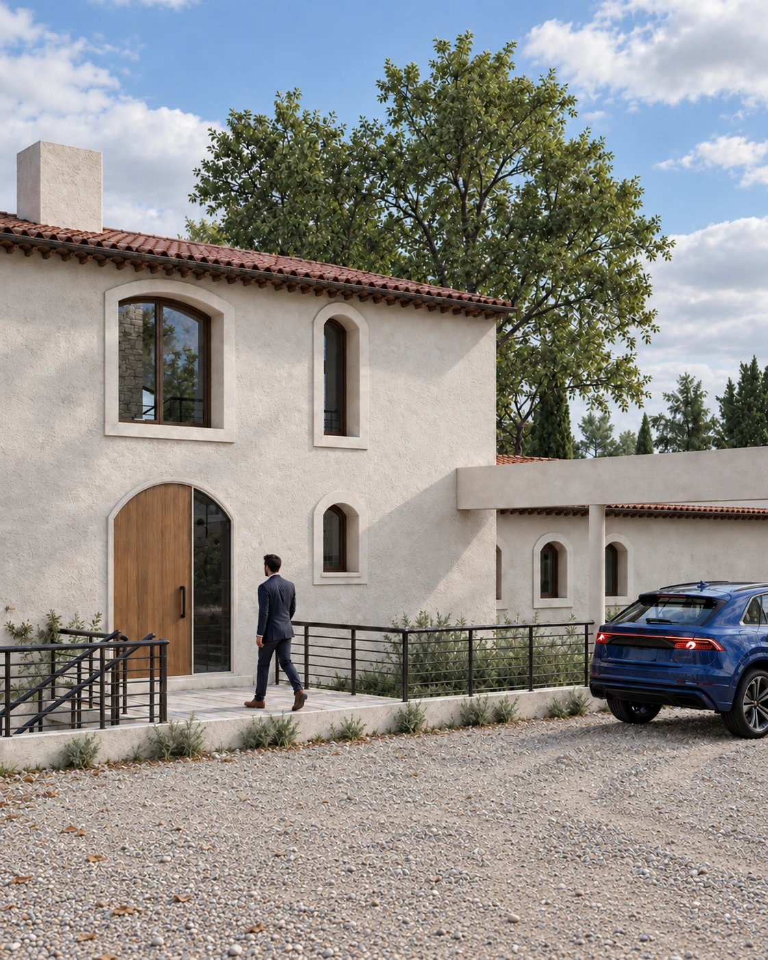 Façade of the rebuilt villa: light render, arched openings, wooden front door and tiled roof